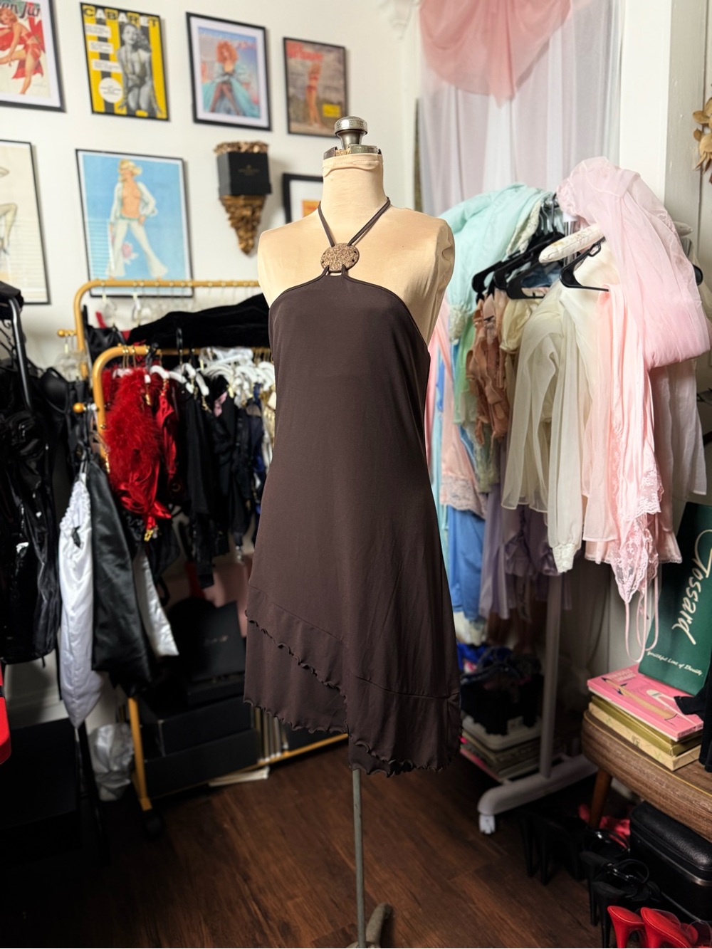 Vintage Y2K 2000’s Brown Halter Midi Dress Shell Wood Look Detail Dress